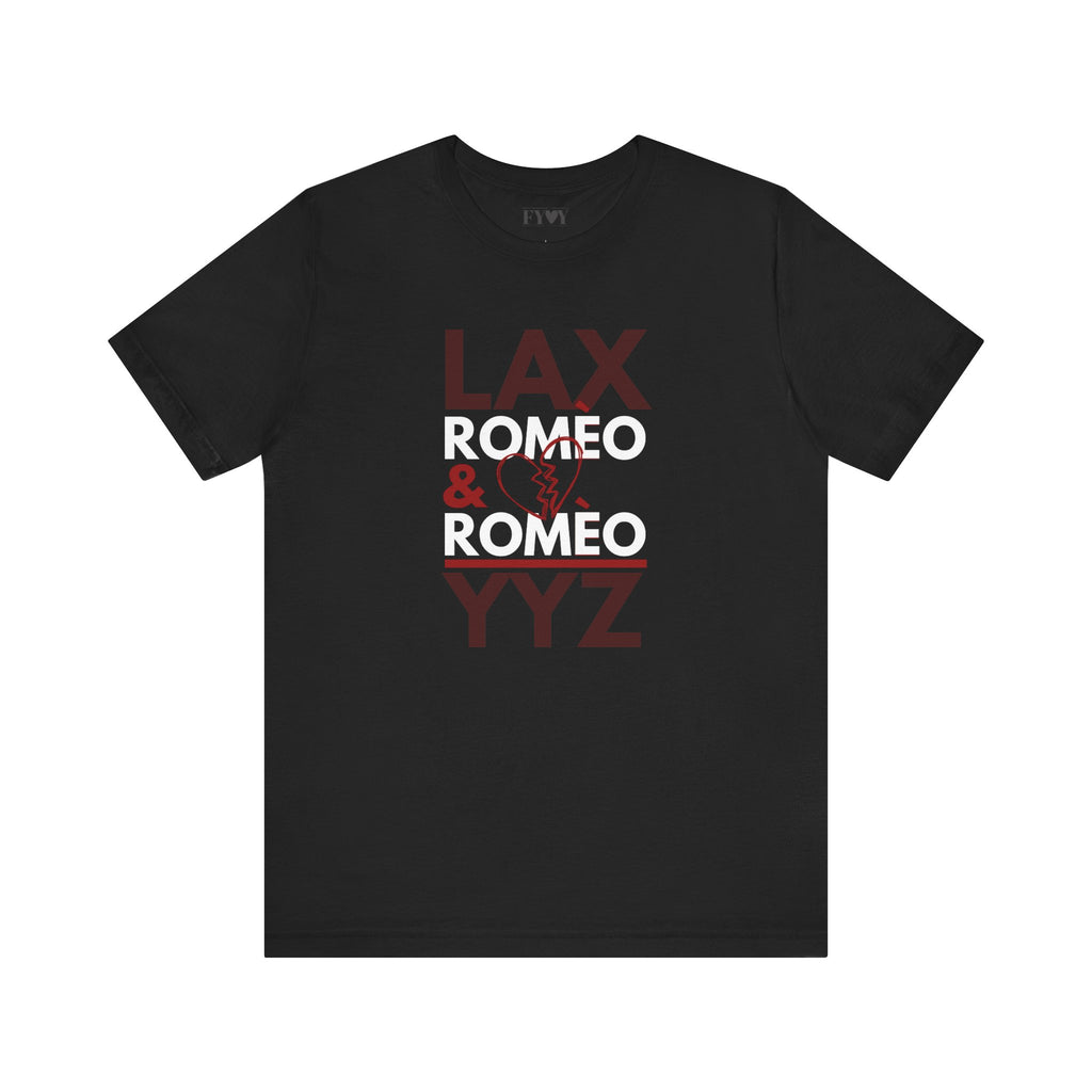 ROMEO&ROMEO the musical LAX/YYZ RED Stacked | Bella + Canvas 3001 Unisex T-Shirt