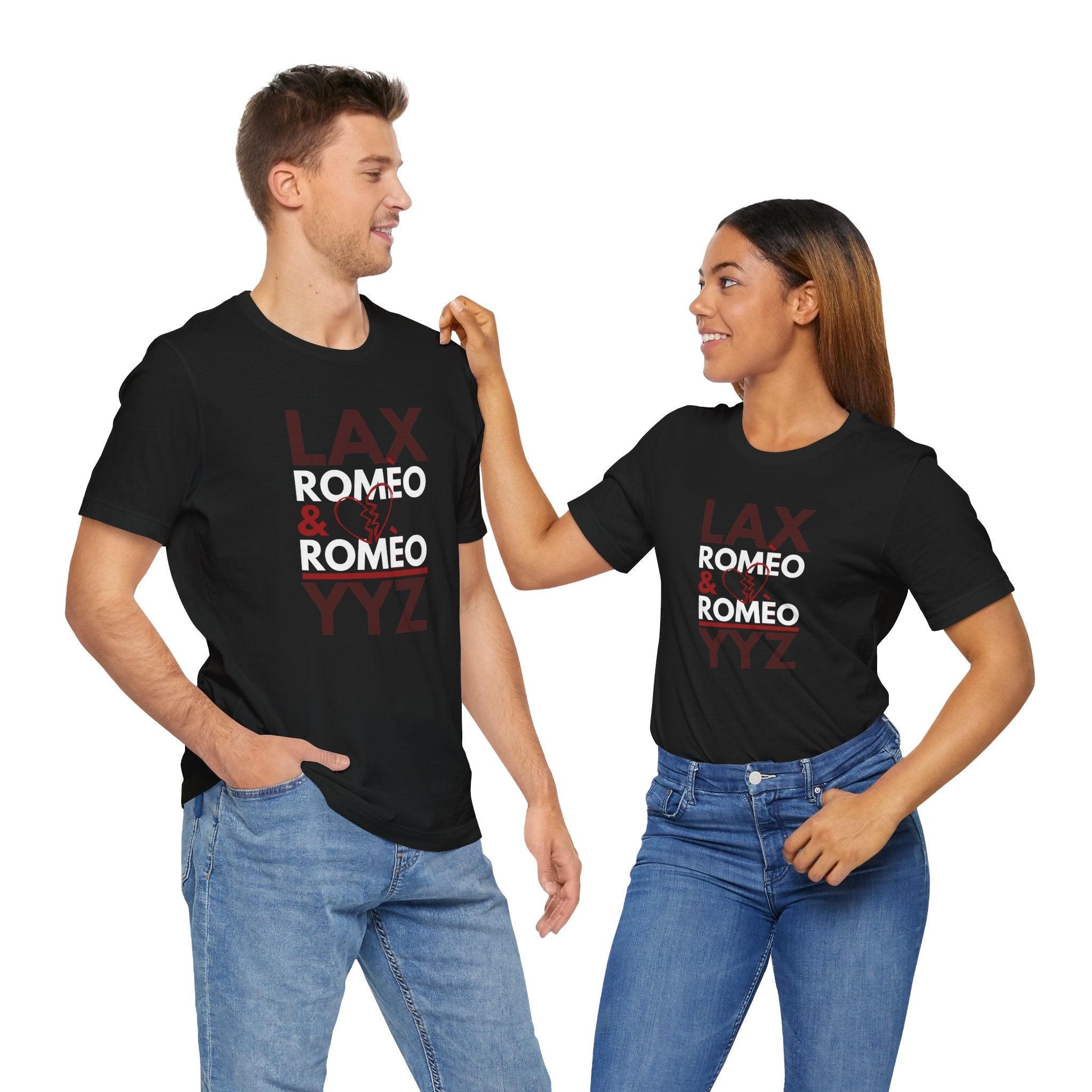 ROMEO&ROMEO the musical LAX/YYZ RED Stacked | Bella + Canvas 3001 Unisex T-Shirt
